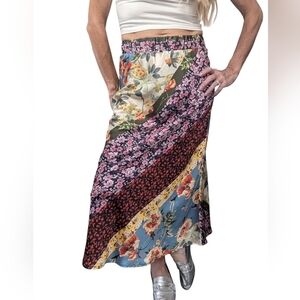 Cliché Floral Patchwork Pattern Straight Multicolor Maxi Satin Skirt Size XS
